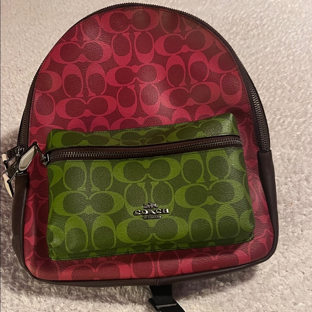 Coach Red and Green Signature Canvas Backpack - Picture 4 of 7